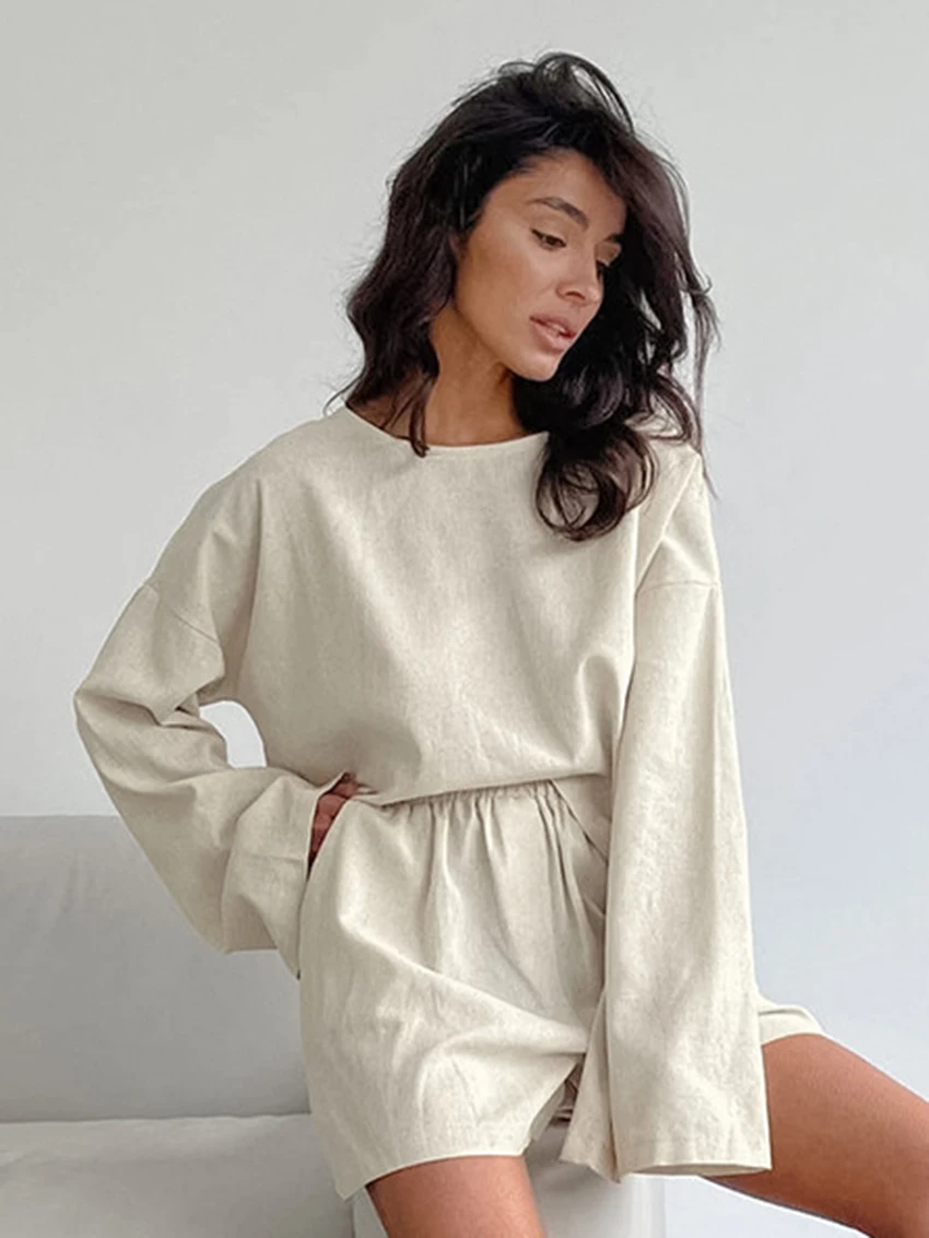 Marthaqiqi Home Clothes For Women O-Neck Sleepwear Long Sleeve Nightgowns High Waist Shorts Causal Ladies 2 Piece Nightwear Suit