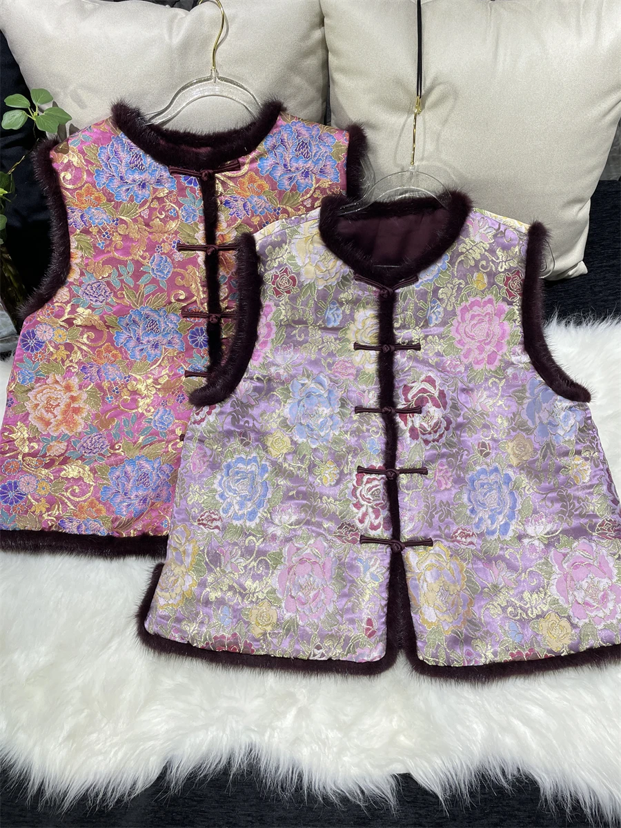 

Новый китайский национальный тренд, шелковый вышитый облачный парчовый хлопковый льняной жилет из меха кролика, топ