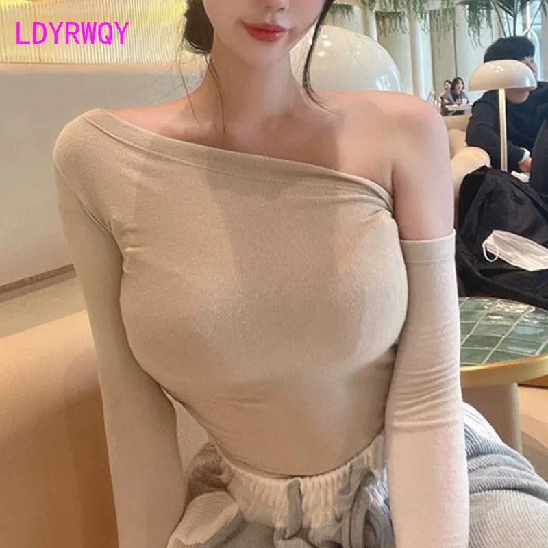 New Style Slanted Edge Off Shoulder Show Body Tight Show Thin Versatile Long Sleeve Underlay T-shirt