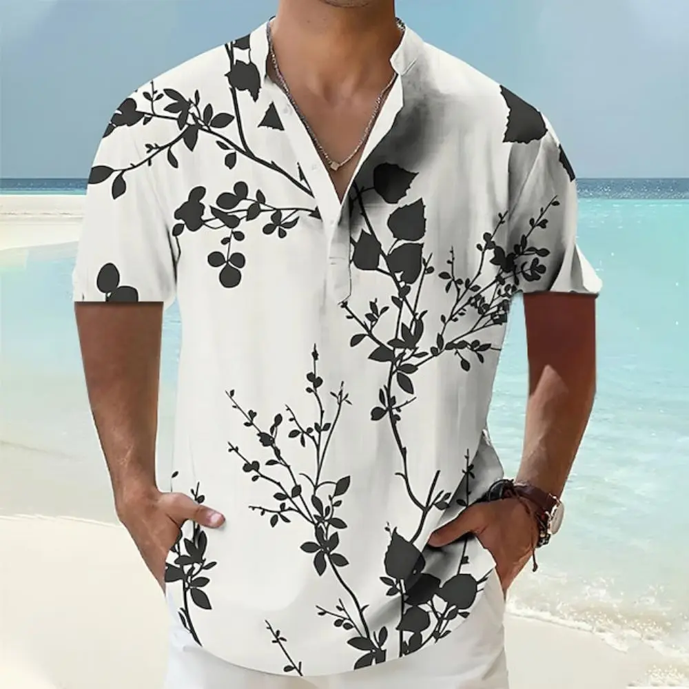 New Flower 3D Print Henley Shirts Men\'s Fashion Floral Oversized Button Stand Collar Short Sleeve T Shirt Tees Tops Man Clothing