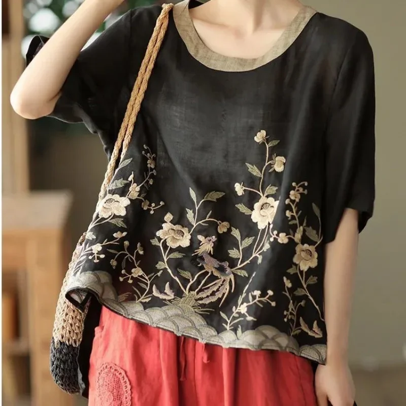 Cotton Linen Blouse Floral Print Womens Tops Spring Summer Literary Retro Embroidery Top Casual Contrast Round Neck Blouses