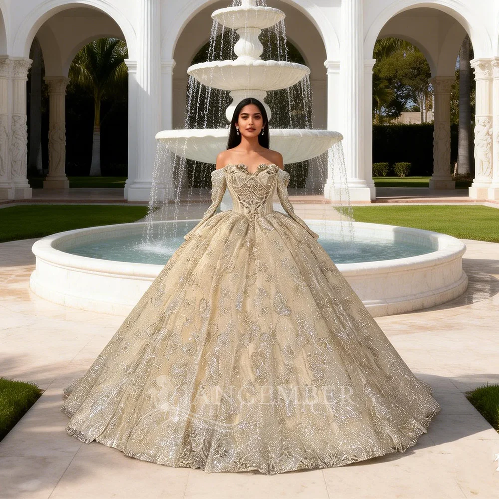 

Платья для квинсеаньер с открытыми плечами, кружевом, бисером, из органзы, с короткими рукавами, блестящие, бальные платья, vestidos de 15 años quinceañeras