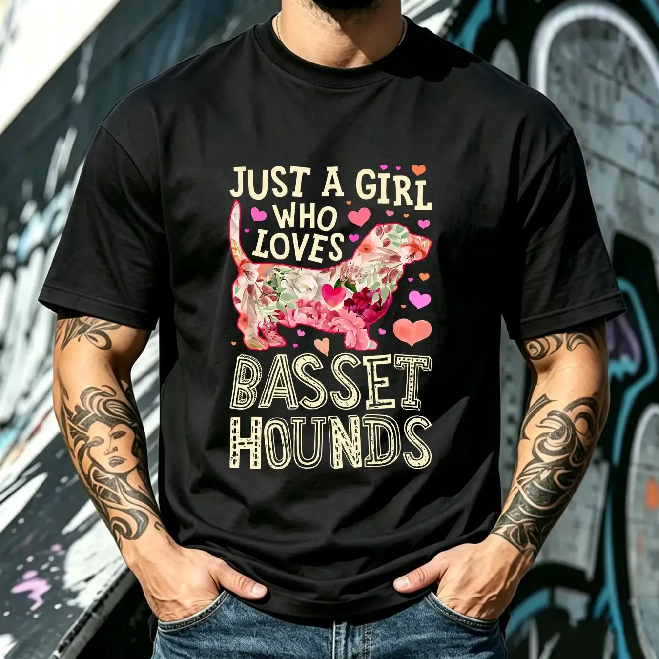 washed T Shirt Basset Hound Just A Girl Who Loves Dog Flower Women Floral for Lovers Funny Mom Mother's Day vintage Washed