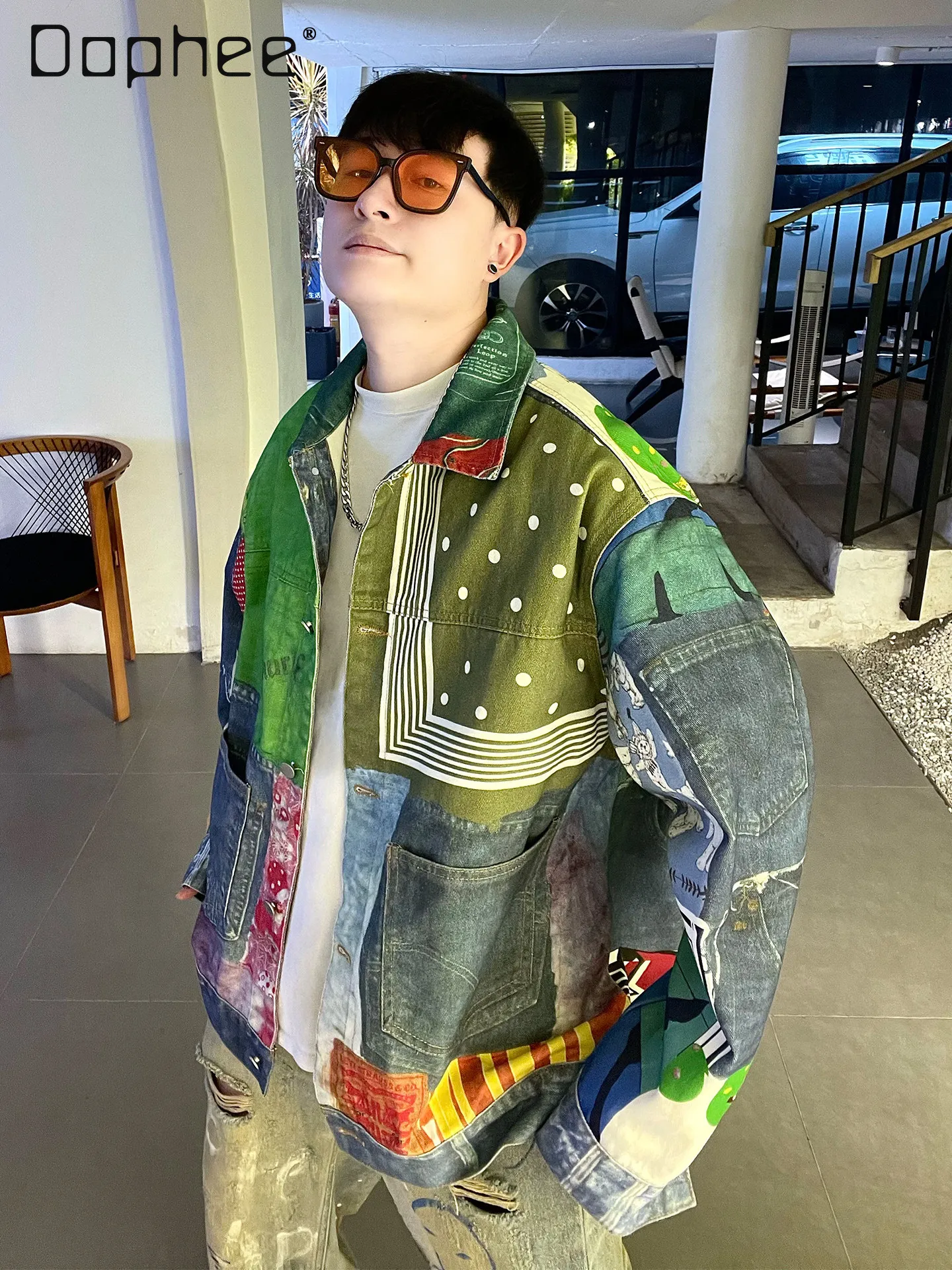 

American High Street 3D Digital Print Patchwork Denim Jacket for Men and Women Trendy Brand Loose Casual Design Coat