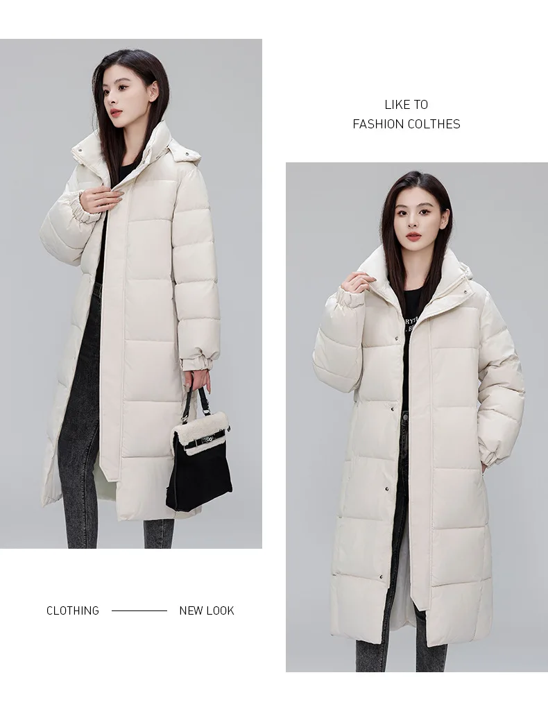 Winter Long Puffer Coat for Women Hooded Quilted Windproof Warm Zip Up Outerwear Russian Cold Weather Snow Jacket Over Knee Cozy