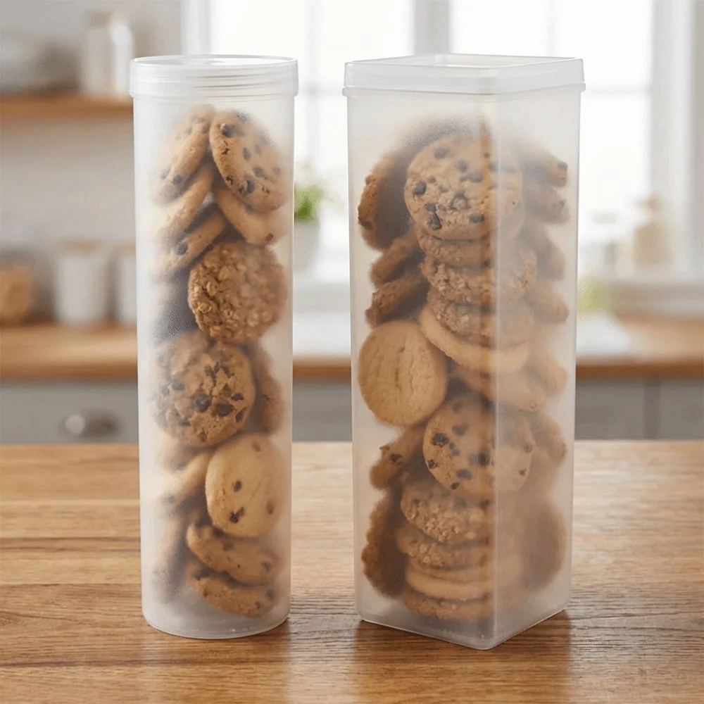 

2PCS Plastic Cookie Storage Box Transparent Round/Rectangular Noodles Sealed Jar with Lid Space Saving Spice Storage Box Pasta