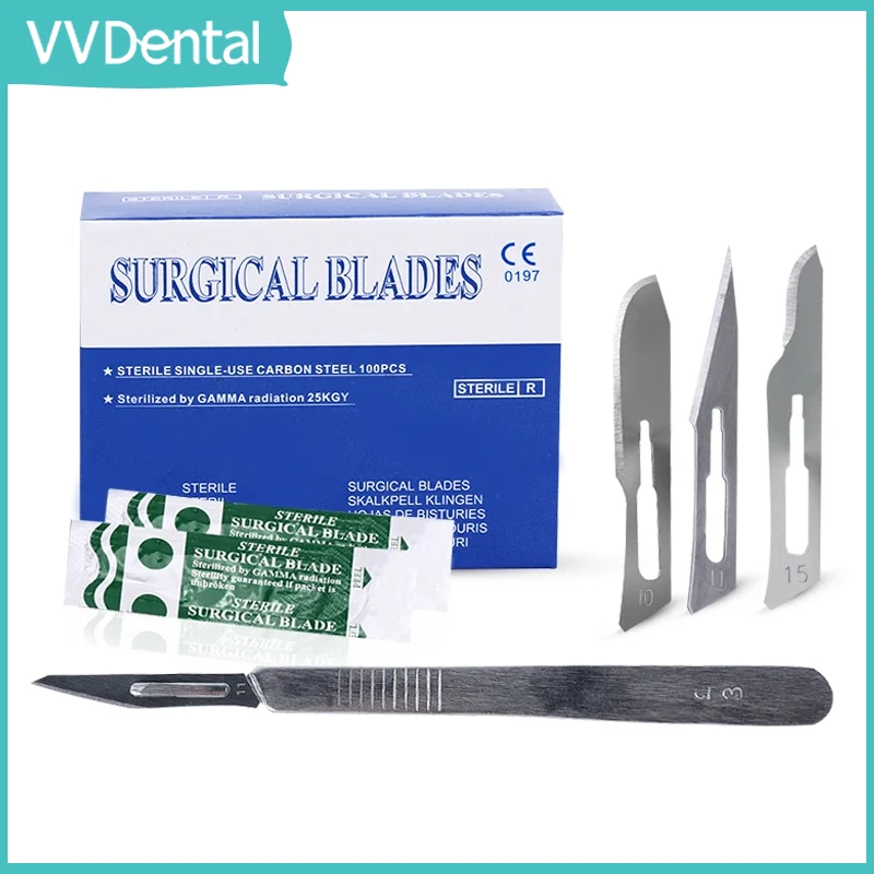 VVDental 100pcs/Box Dental Surgical Scalpel Sterilized Blades Carbon Steel #10 #11 #15 with Scalpel Handle Dental Tools