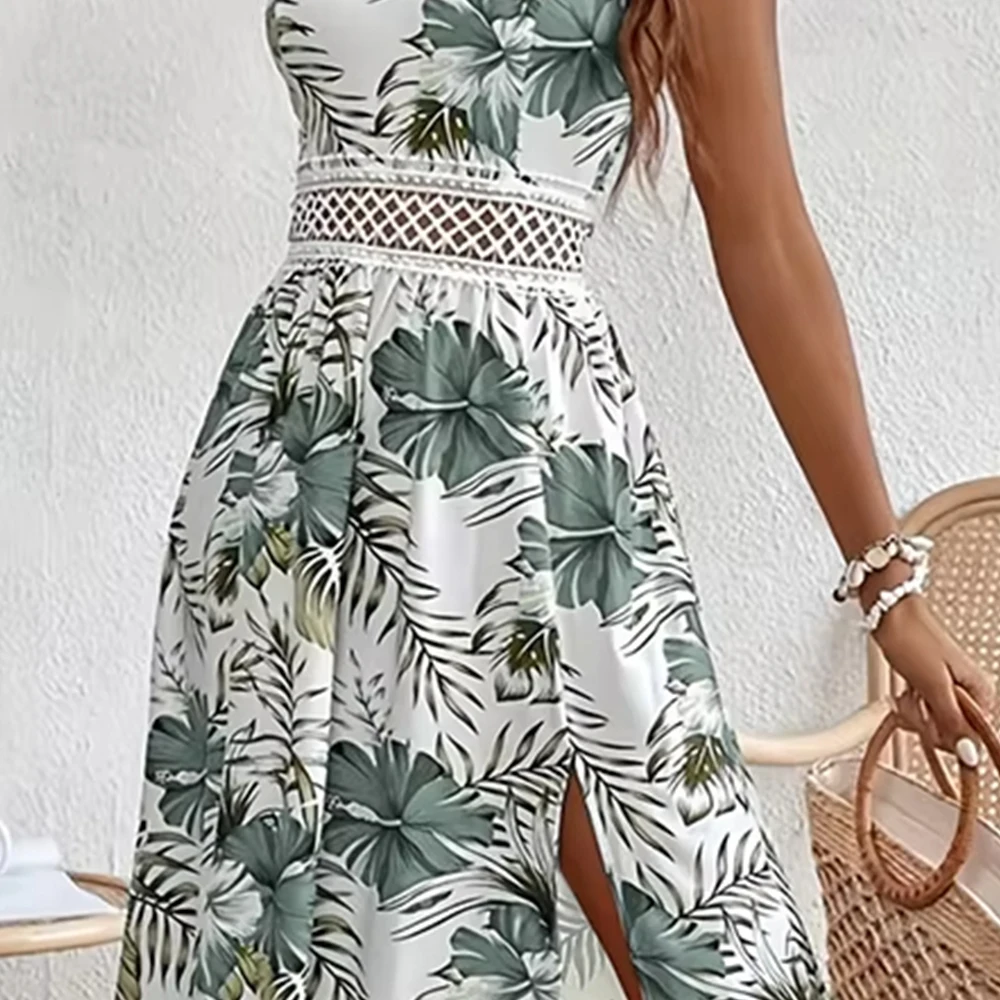 Dresses Spring Summer Casual Daily Full Print Side Slit Sleeveless Sweetheart Neck Midi Cami Vacation Dresses For Women