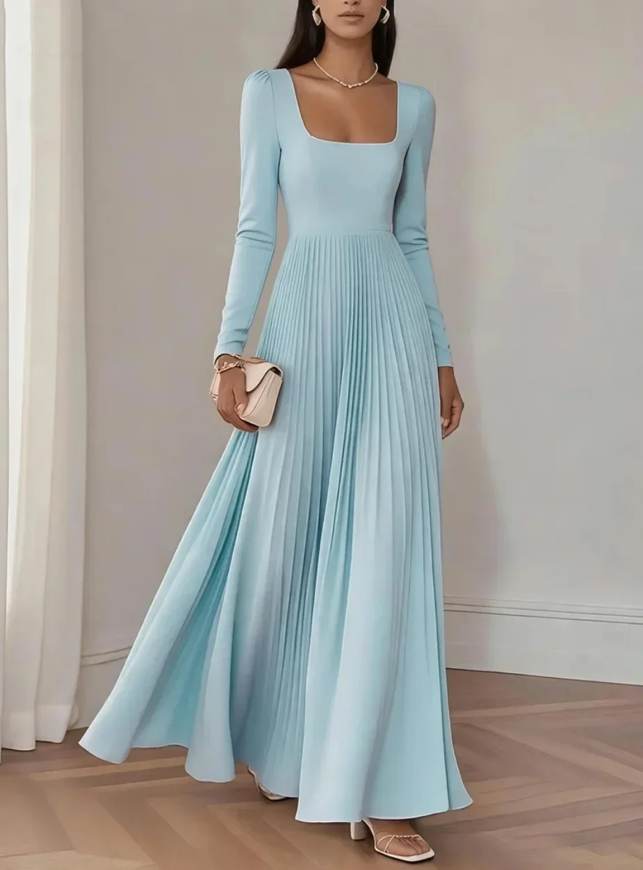 Modisches Maxikleid mit eckigem Ausschnitt, langen Ärmeln, enganliegendem Oberteil, hoher Taille und plissierter Rockpartie – Kleid für Hochzeitsgäste – Detail 5