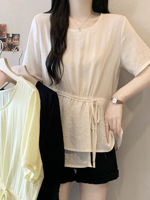 

plus Size Casual Fashionable Summer Top Short Sleeve Waist-Cinching Meat- Concealing Slimming Loose Fit T-Shirt for plus Size...