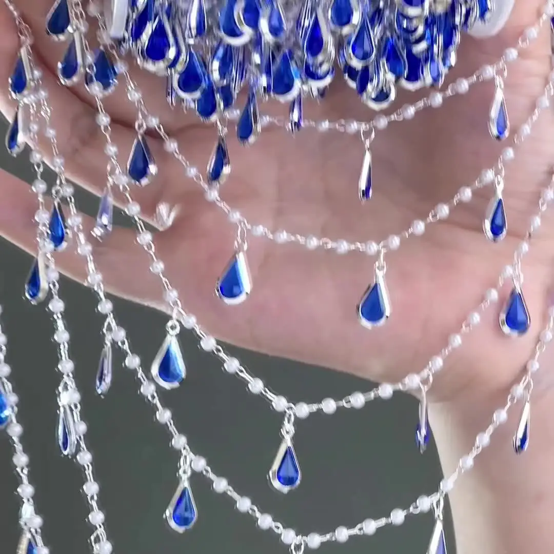 1 Meter tropfenförmige Zirkon-Kristallkette in Blau für DIY-Armbänder, Halsketten, Kleidungszubehör, Haarkronenketten, Materialien – Detail 3