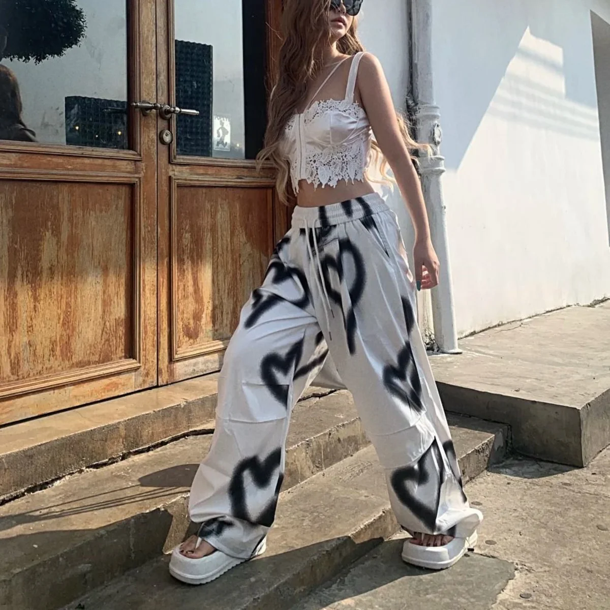 Women's Wide Leg Pants Jazz Style Thin Loose High-Waisted Flattering Retro Casual Hip Hop Love Graffiti Cargo Pants Y2k Female
