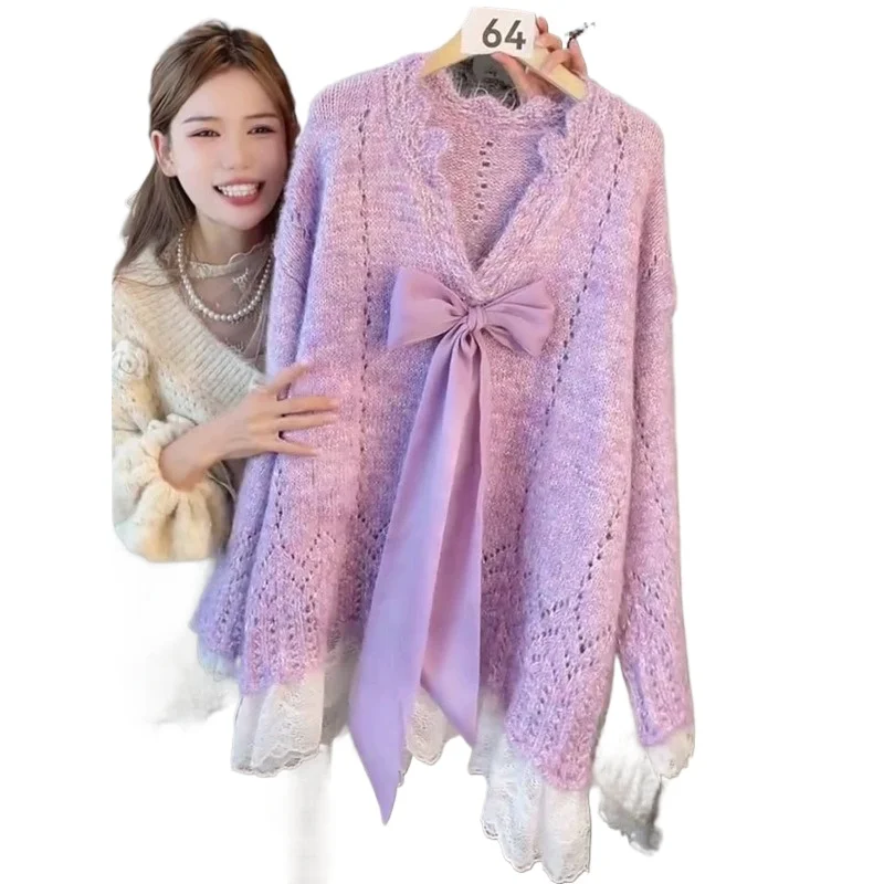 

Temperament Versatile High-end Solid-color Top Women's Early Autumn Korean Gentle Age-reducing Splicing Knitted Sweater Top New