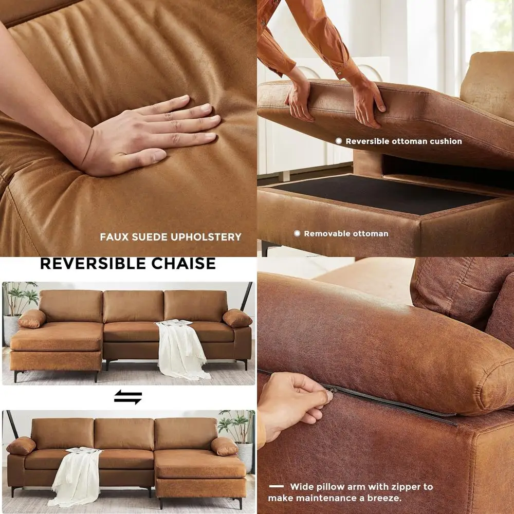 

100 Inch L-Shaped 3-Seater Sectional Sofa with Convertible Chaise in Brown Leather for Living Room