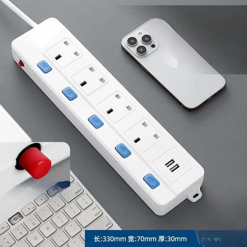 UK Power Strip Electric Socket 2 USB 4 Outlets 10A 2500W type-c  AC110 220V Overload Protection Extension Electrical Sockets