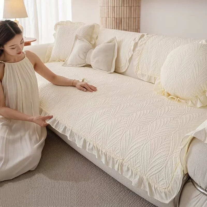 

Ruffled Skirt Non Slip Washable Cotton Sofa Cushion Living Room Sectional Couch and L Shaped Sofa Slipcovers Home Decor Seat Pad