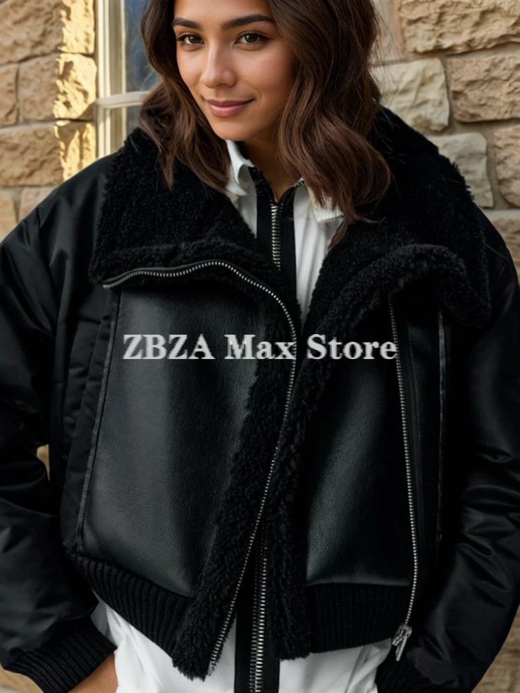 ZBZA Women\'s Warm Patchwork Jacket Coat Lapel Oblique Zipper Long Sleeves Pockets Short Double-faced Outerwear Winter Chic Coat