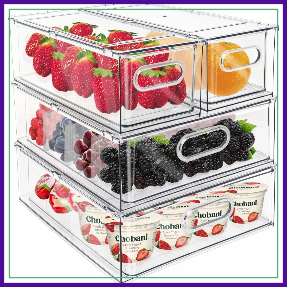

Fridge Drawer Pull Out Stackable Bins with Handle Clear Refrigerator Organizer Food Storage Container Box with Dividers Plastic Produce Saver for Pantry, Cabinet, Kitchen (4Pack)