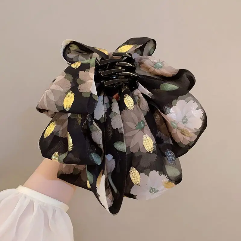 

French retro floral bow ponytail clip new high-end temperament all season grasping clip, women's hair accessory