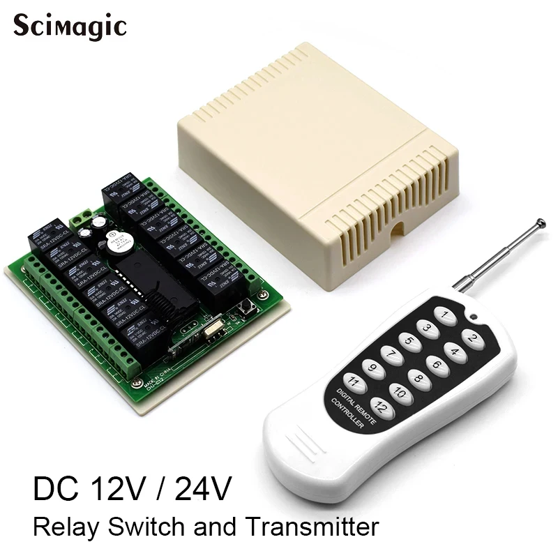 12 Channel Wireless Remote Control Switch For Motor Light 12V / 24V DC 12CH Relay Switch With RF Remote 433MHz Transmitter