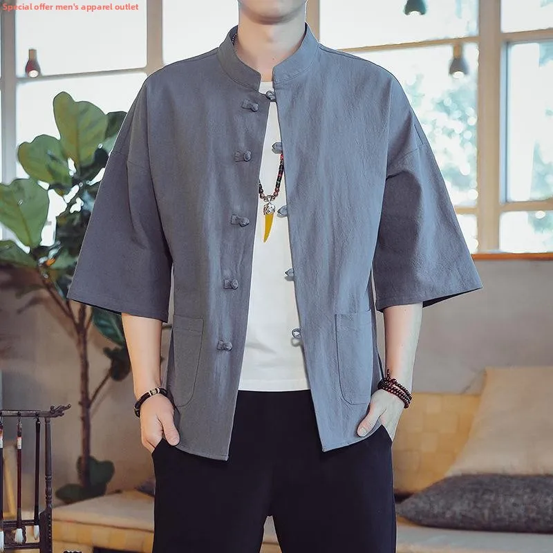 

Retro Chinese Sle Men's Cotton Linen irt mid Sve Button up Traditional Ethnic Faion Spring Autumn New Mod Roast Proc