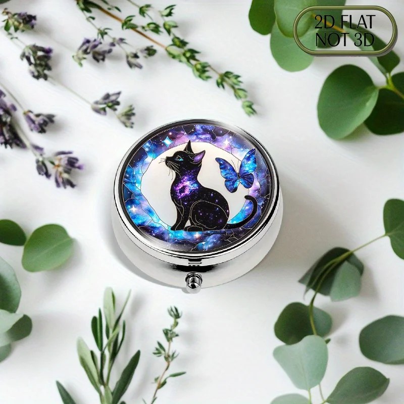 A round metal pill box with black cat, star, and butterfly galaxy patterns - portable capsule storage box, suitable for medication, small personal items, and holiday gifts (flat design)