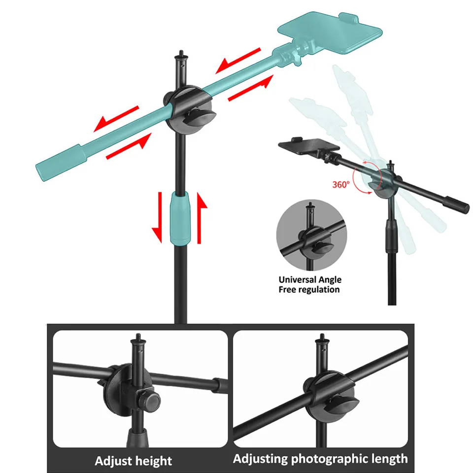 Desk Lifting Bracket with Phone Holder 360°Ballhead Clamp Mount with LED Ring Light Video Recording Desktop Food Overlooking