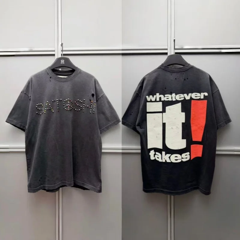Satoshi Nakamoto High-End Men's and Women's Summer Loose-Fit Distressed Studded Vintage Short-Sleeve T-Shirt