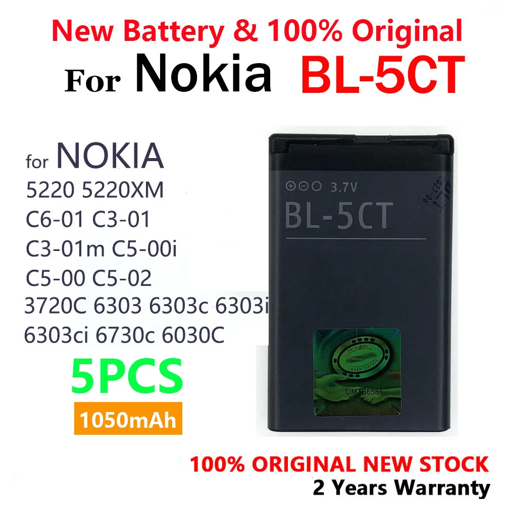 100% New Original 1050mAh 3.7V BL-5CT BL 5CT BL5CT Battery for Nokia 5220XM/6303C/6730C/C3-01 C5-00/C5-02 C6-01 3720 batteria