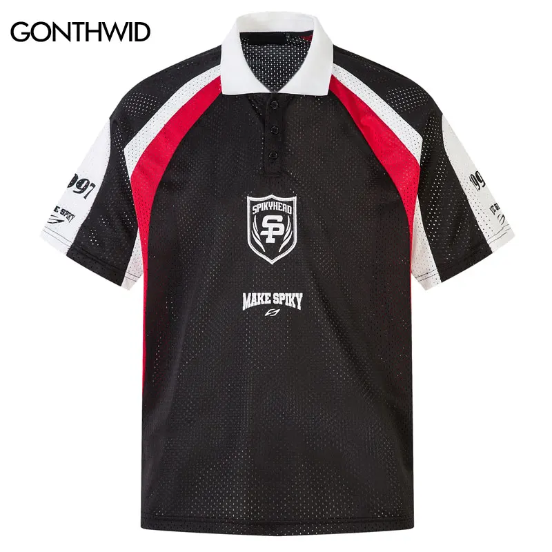 

Vintage Mesh Jerseys T-Shirts Y2K Graphic Printed Patchwork Breathable Quick Drying Sports Polo Streetwear Hip Hop Baggy Tops