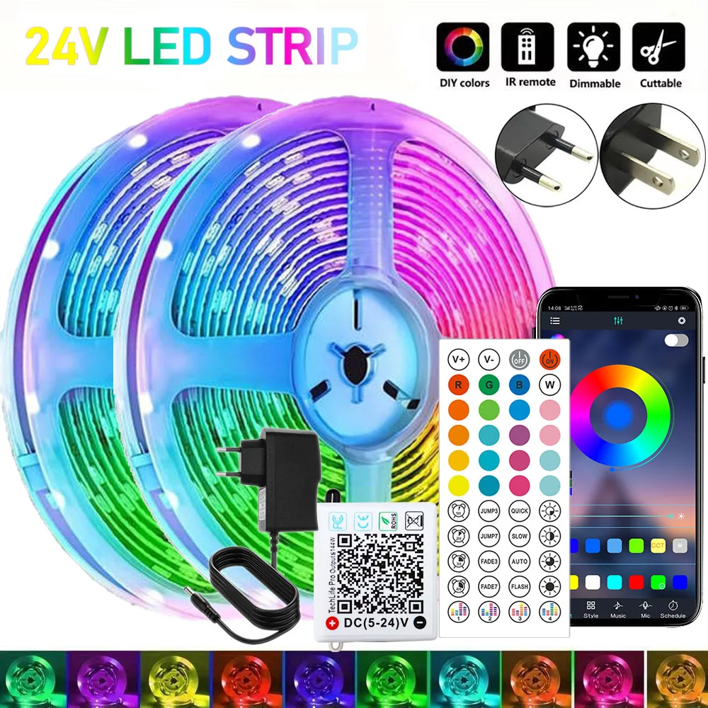 

Dc 24V Rgb Led Tape Strip Bluetooth 15M 20M 25 Meters Multicolor Adhesive Led Band App Control Ice String For Home Decoration