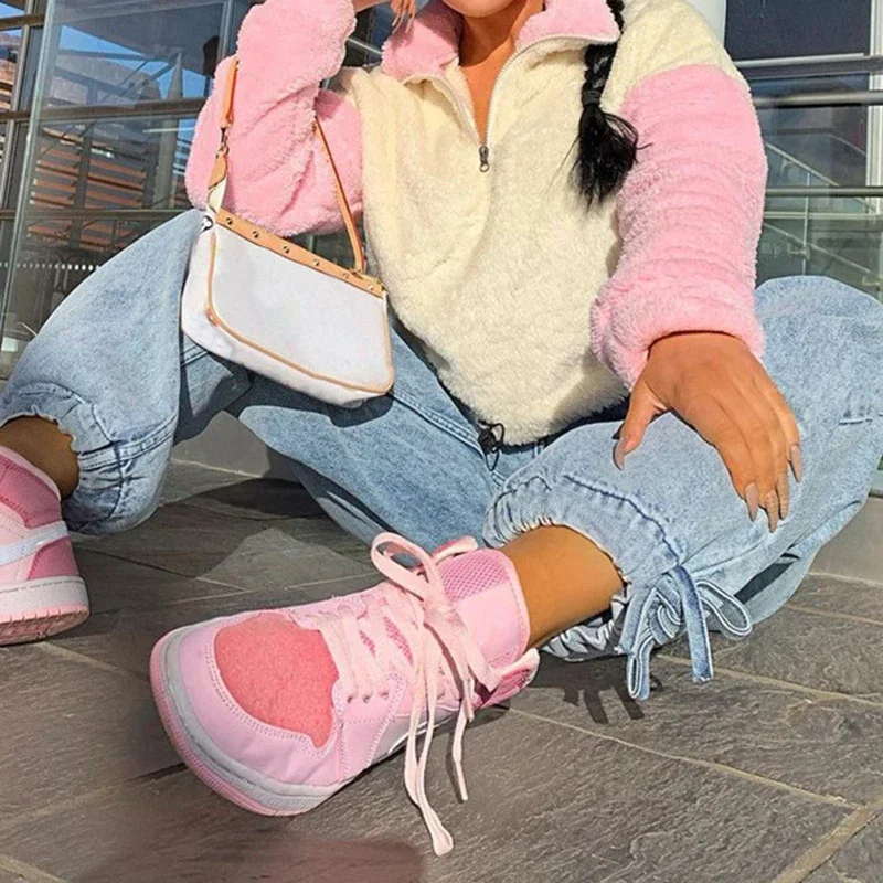 Modny zimowy polar Y2k krótki Top kobiet Harajuku Kawaii różowy casualowy ściągany na suwak kontrastowy kolorowa bluza damski sweter