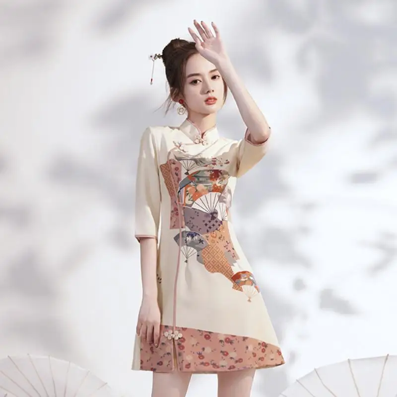 

2022 Spring Summer Young Improved Cheongsam Dress Elegant Short Chinese Style Retro Girl Dress