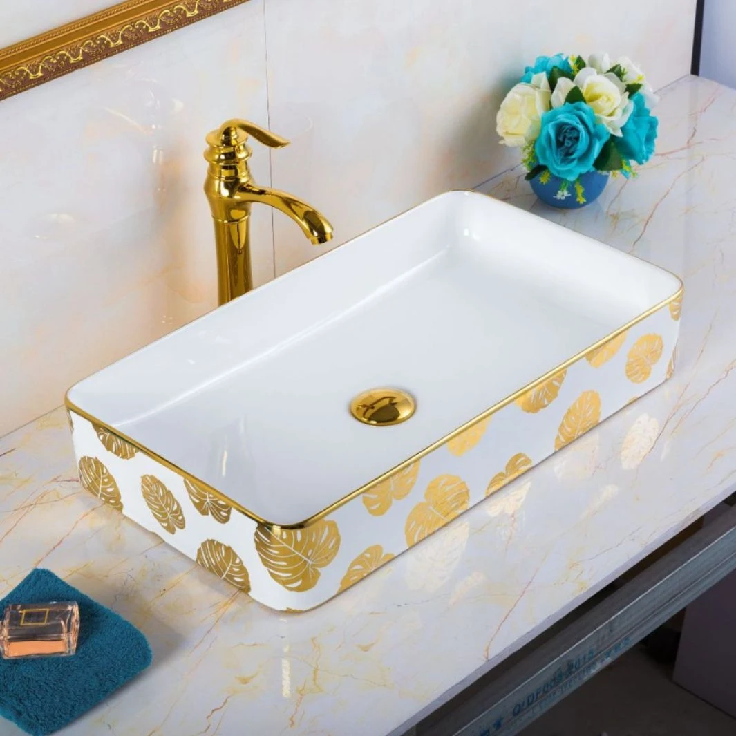 60cm large countertop basin rectangular thin-rimmed washbasin electroplated gold gold leaf gold flower ceramic