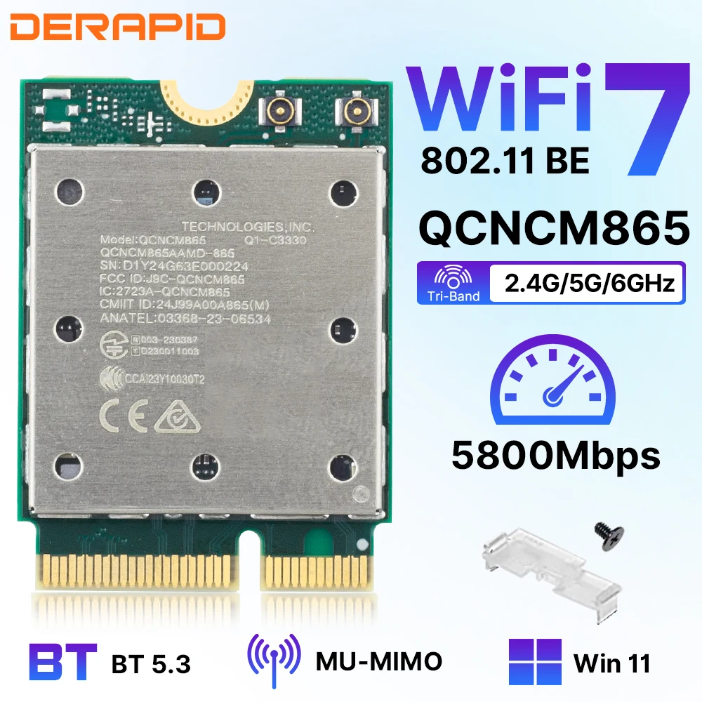 Tri Band WiFi7 QCNCM865 Wireless 2.4Gbps Bluetooth 5.3 Wireless Wi-Fi 6E For 802.11be M.2 NGFF Wlan WiFi Card Only For Win11