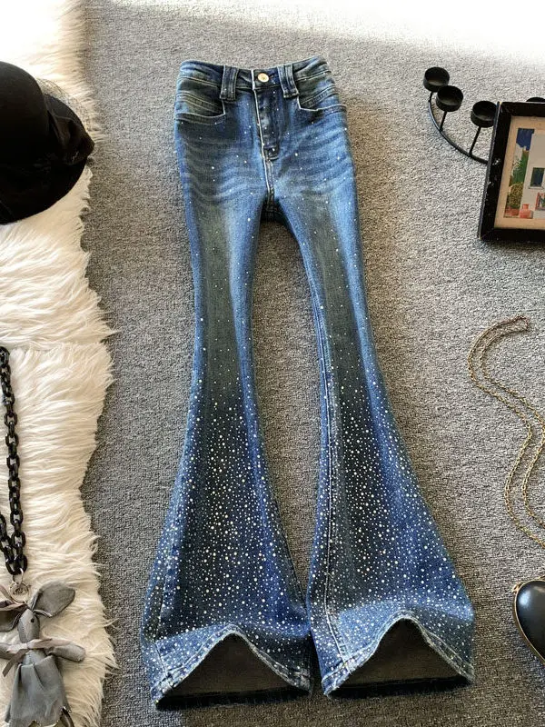 

High Waist Slim Fit Denim Jeans Women's Spring Fashion Bell Bottoms Glittering Drill Detailing Comfortable Medium Stretch