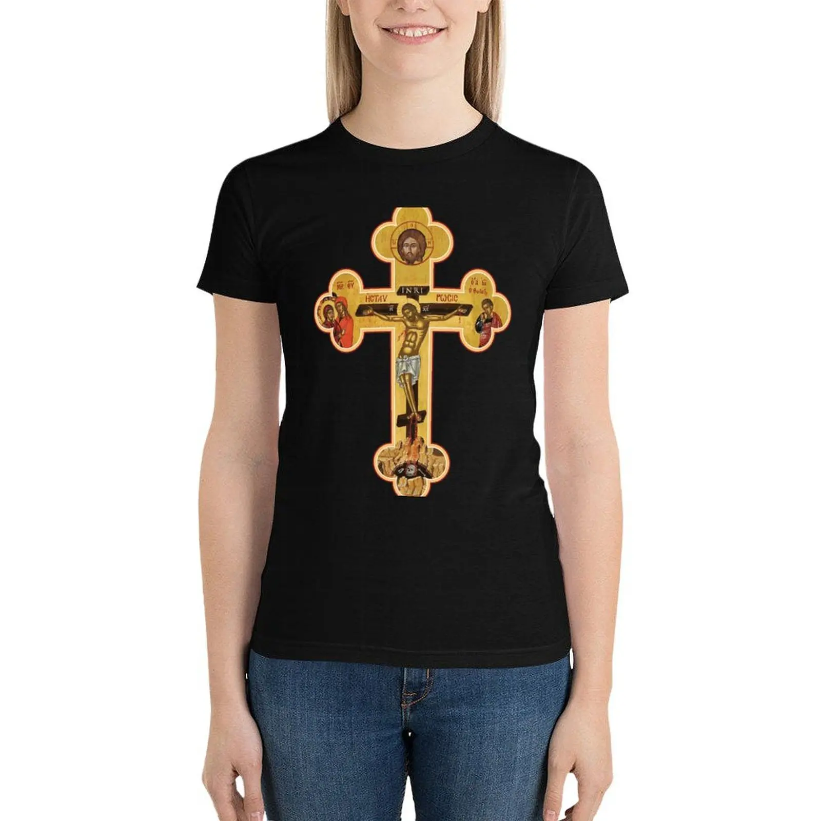 Orthodox Cross Icon T-Shirt oversized kawaii clothes black t-shirts for Women