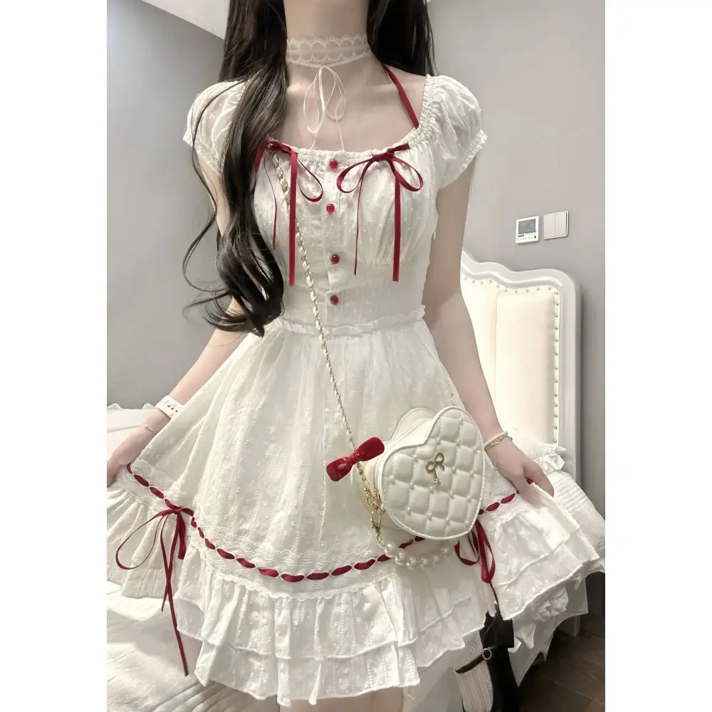 

Японское дизайнерское платье с квадратным вырезом, короткими рукавами, завышенной талией, слегка пышное, летнее, с бантом