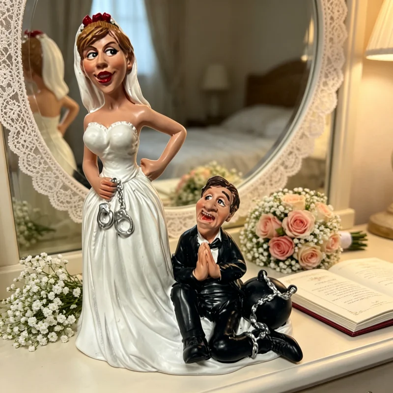 Resin Wedding Cake Topper, Handcuff Bride and Chained Groom Funny Couple Statue