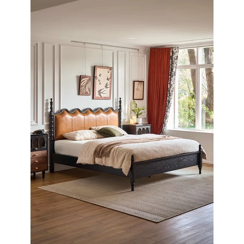 French retro bed double solid wood  soft bag leather  master bedroom ripple
