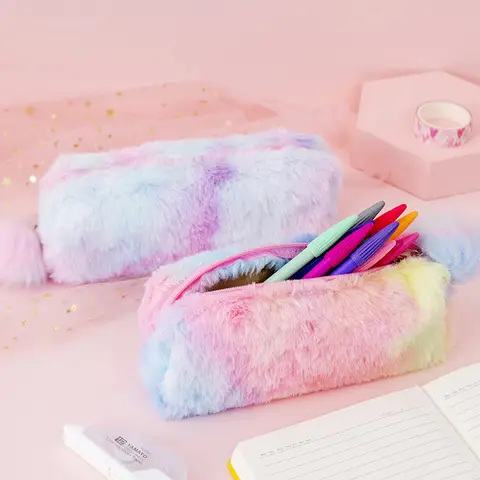 1Pc Kawaii 그라디언트 컬러 연필 가방 귀여운 플러시 펜 케이스 편지지 학생 보관 가방 학교 용품
