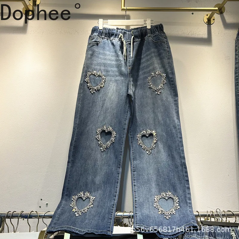 

High Street Hollow Out Love Diamonds Trendy Jeans for Women Mopping Floor All-match Elastic Waist Wide Leg Straight Denim Pants