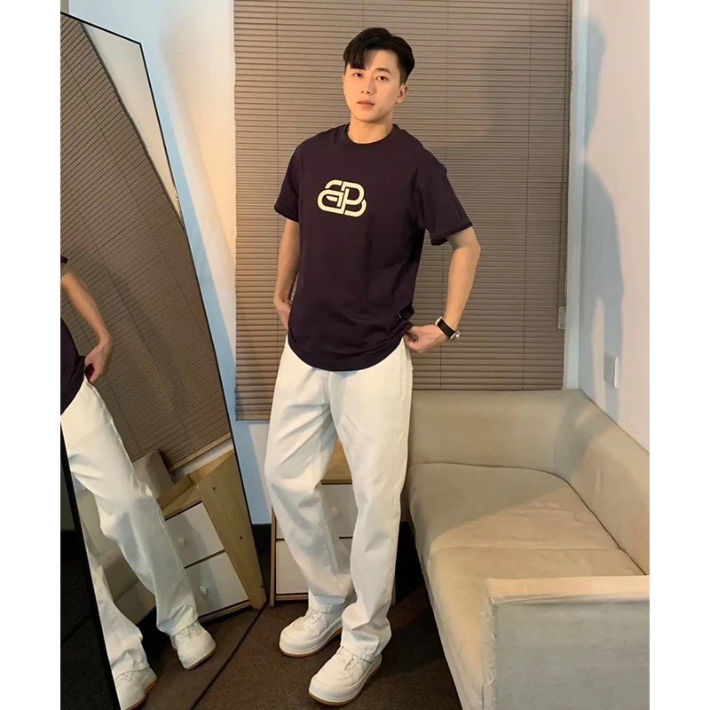 

White Soft Jeans Men's Summer High Waist Slimming Elastic Micro Flared Straight Leg Jeans Youth Trendy Straight Cut Trousers
