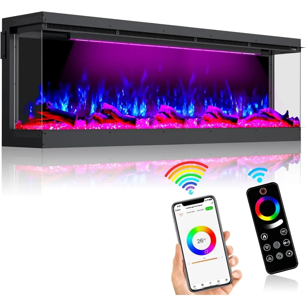 3 Sided Electric Fireplace, 60 inch Smart WiFi Fireplace Inserts,Mounted Eletric Fire Place Heater with 251 RGB LED Flame Colors