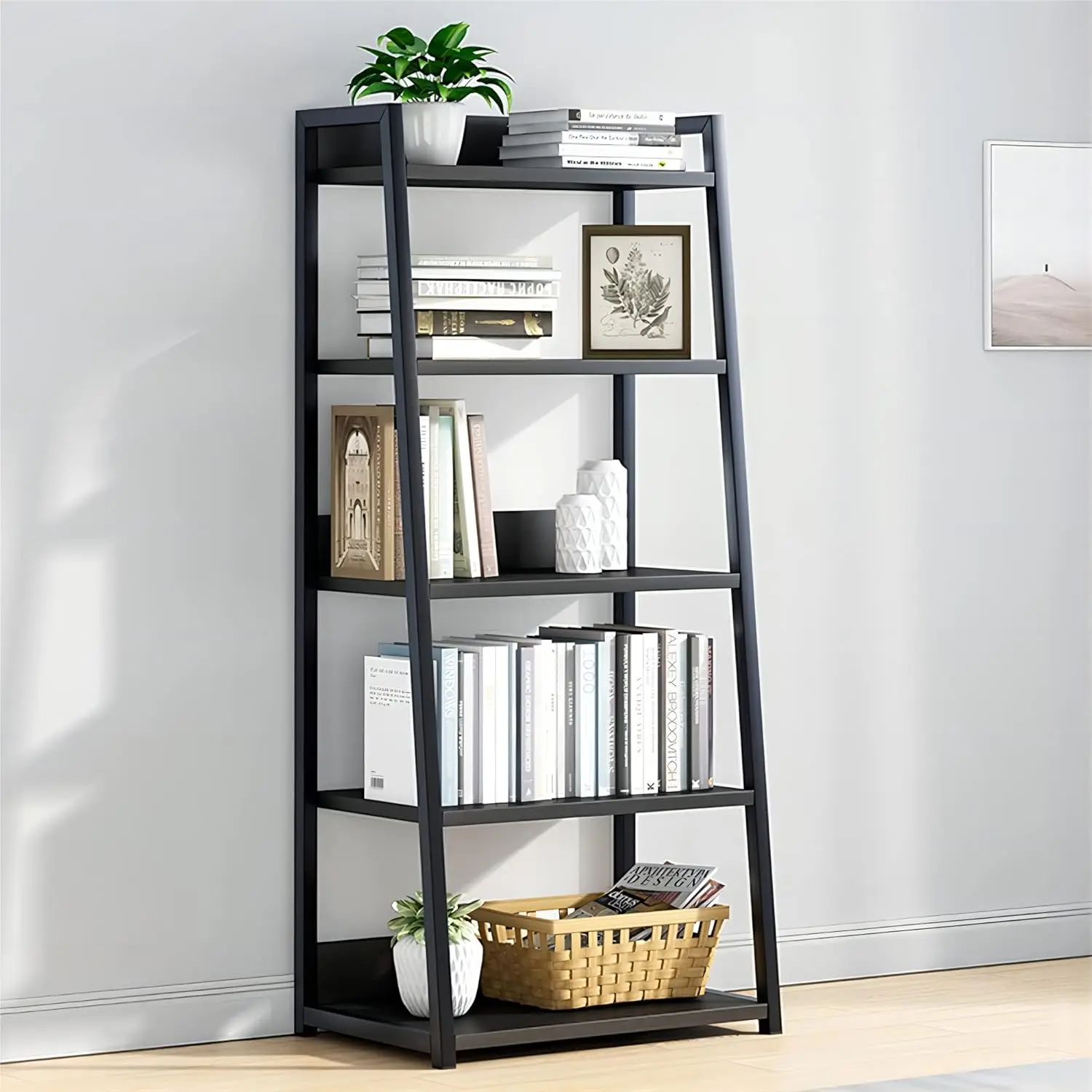 

IOTXY 5 Tier Open Bookshelf - Steel and Wood Display Stand, 50CM Width Floor-Standing Bookcase, Black