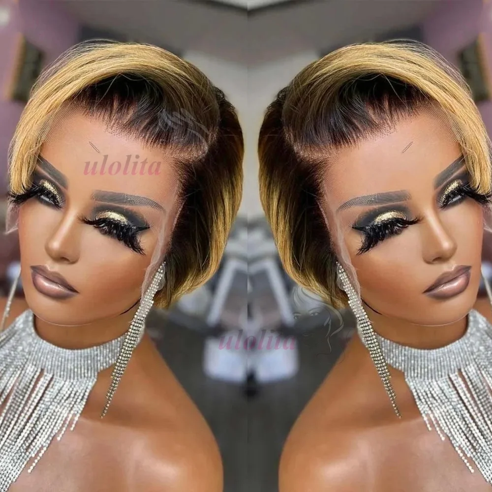 1B 30 Blonde Kurze Bob-Pixie-Cut-Perücke, glattes Echthaar, transparente Spitzenperücke für schwarze Frauen, gerade kurze Bob-Perücke, 150% Dichte – Detail 10