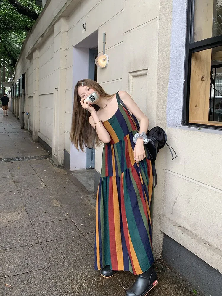 

Vintage Contrast Color Striped Casual Sling Dress Women 2023 Summer New Korean Sexy Off-shoulder Loose Mid-length Dresses