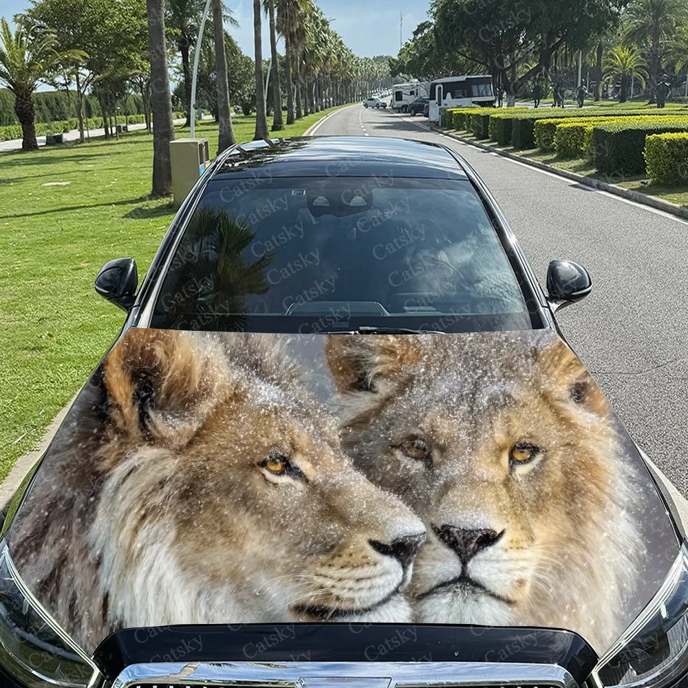 Lion Couple Cool Car Hood Sticker PVC Self Waterproof Stick, Striking Auto Exterior Accessories Decor Protect Gift for Car Lover
