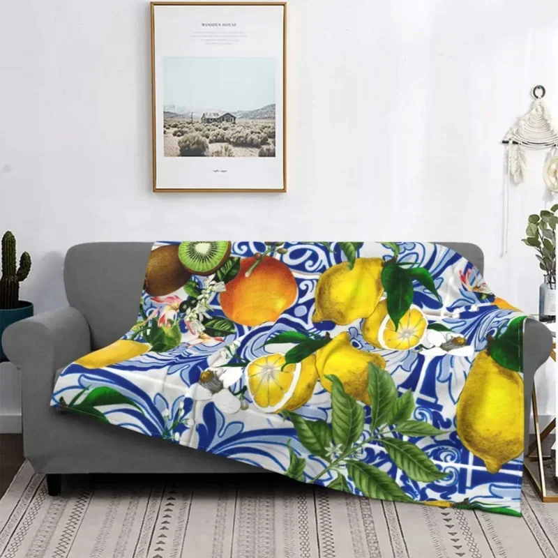 Mediterranean Lemon On Blue Ceramic Tiles Blankets Warm Flannel Summer Citrus Fruit Throw Blanket for Bedroom Office Bedspreads