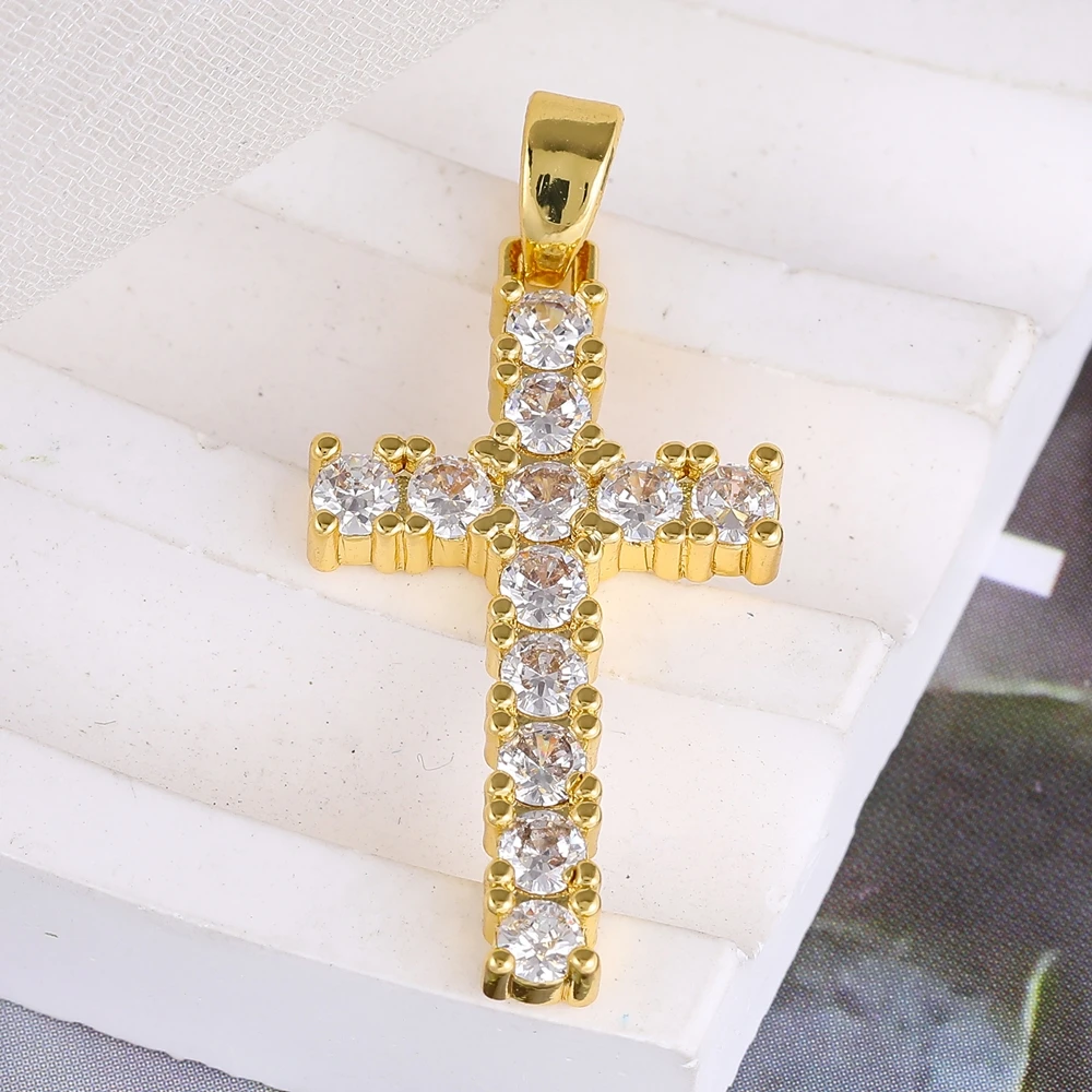 Juya DIY Religious Pendant Supply Handmade 18K Plated Cubic Zirconia Cross Charms For Women Men Prayer Christian Jewelry Making